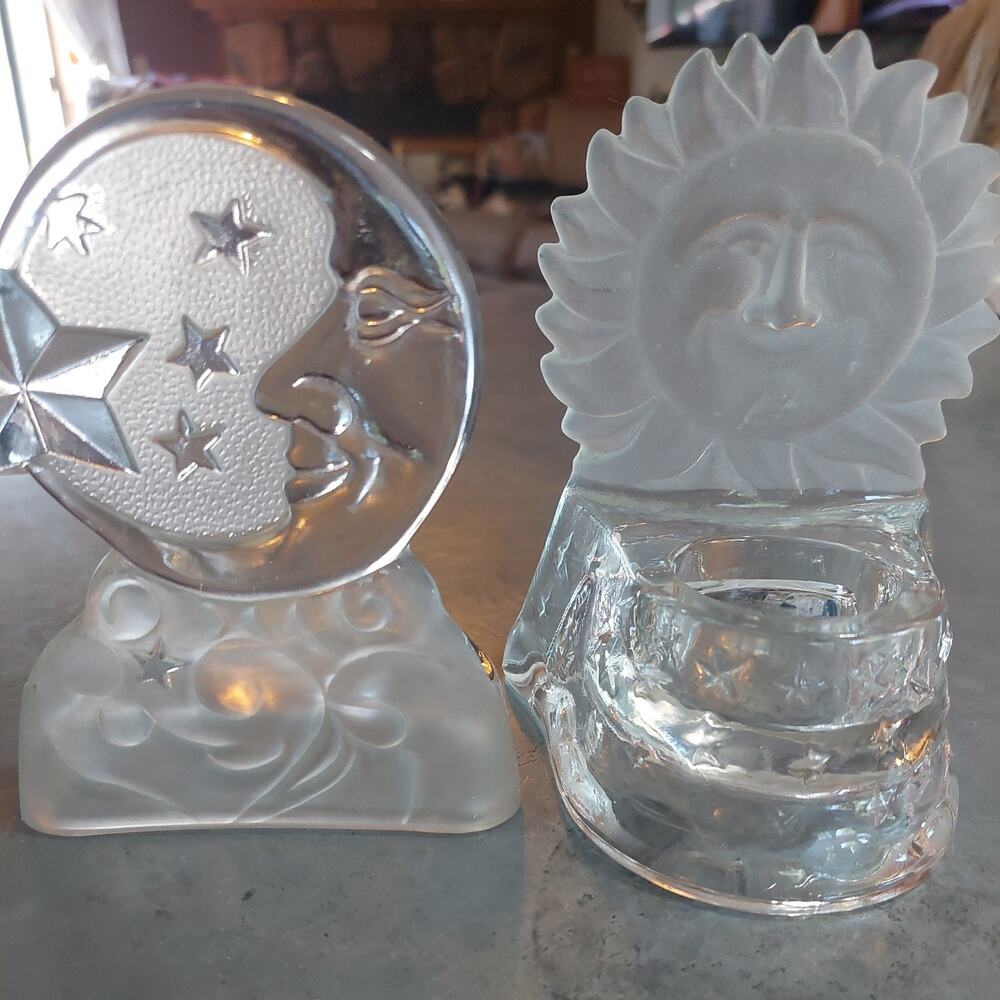 Vintage Glass Celestial Moon Sun Face Stars Candle Holders Frosted PL set